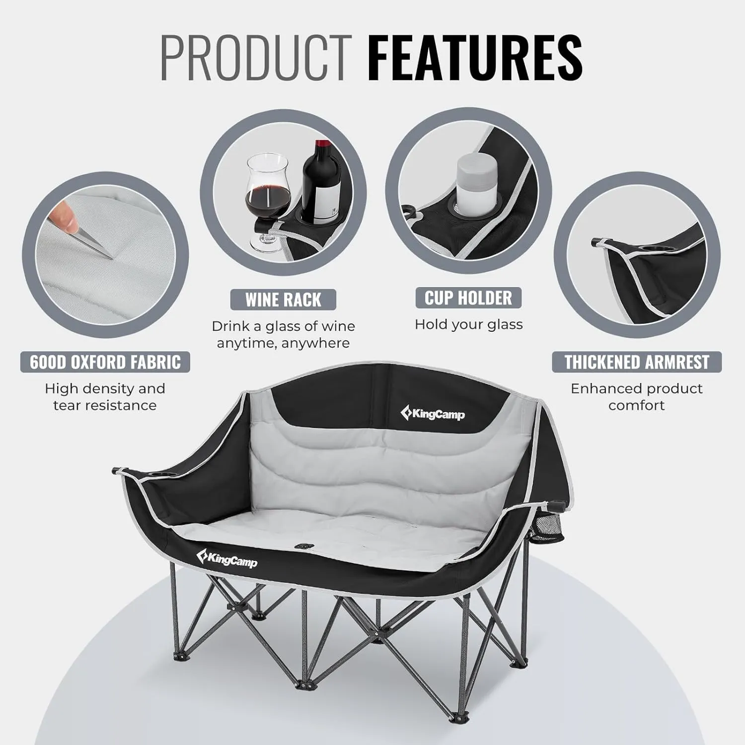 KingCamp Double Camping Chair, Oversized Heavy Duty Loveseat for Adults Portable Folding XL 2 Person Couch Padded Comfortable Two Seat with Cup Holder for Outdoor Lawn Backyard