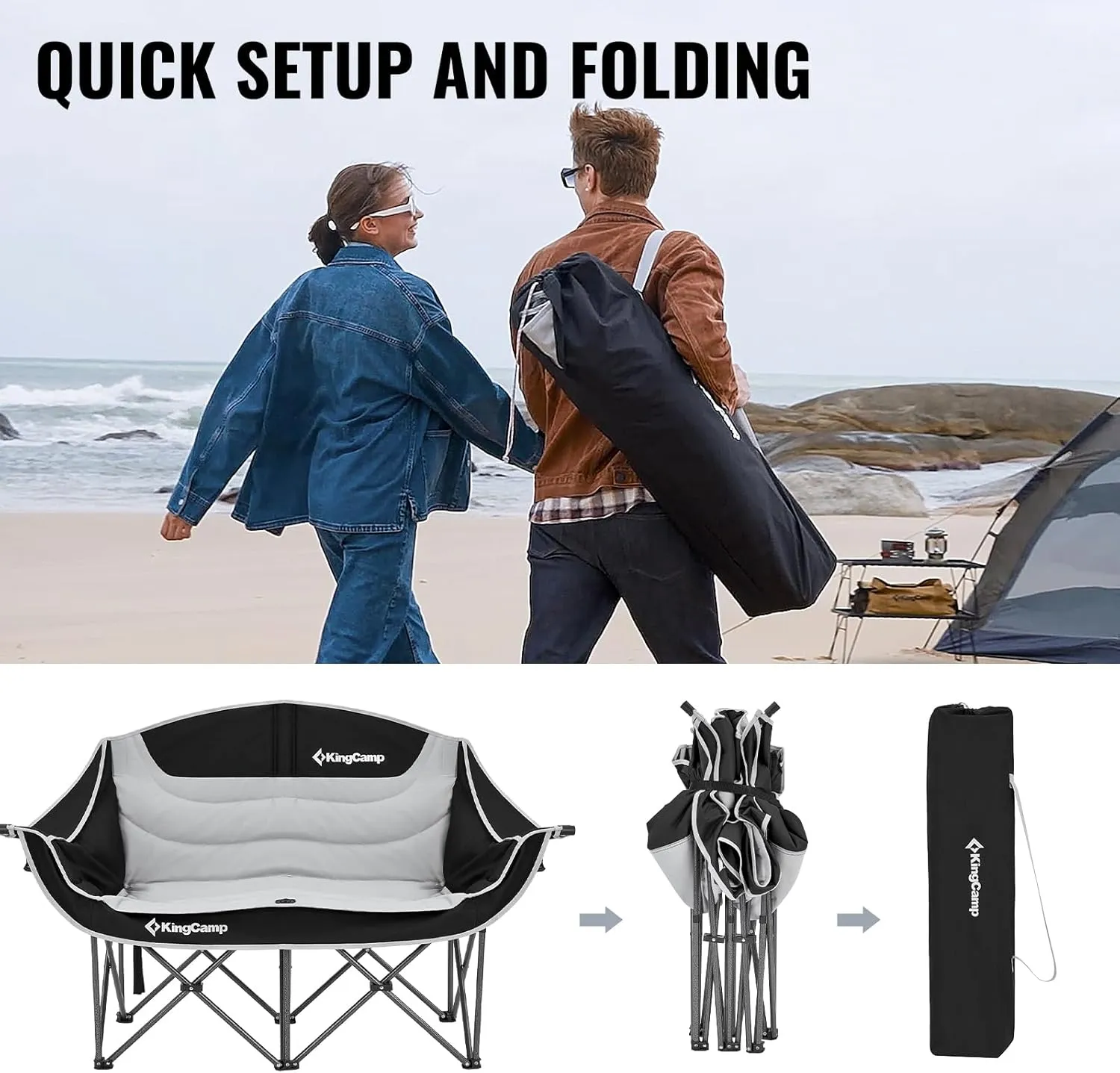 KingCamp Double Camping Chair, Oversized Heavy Duty Loveseat for Adults Portable Folding XL 2 Person Couch Padded Comfortable Two Seat with Cup Holder for Outdoor Lawn Backyard