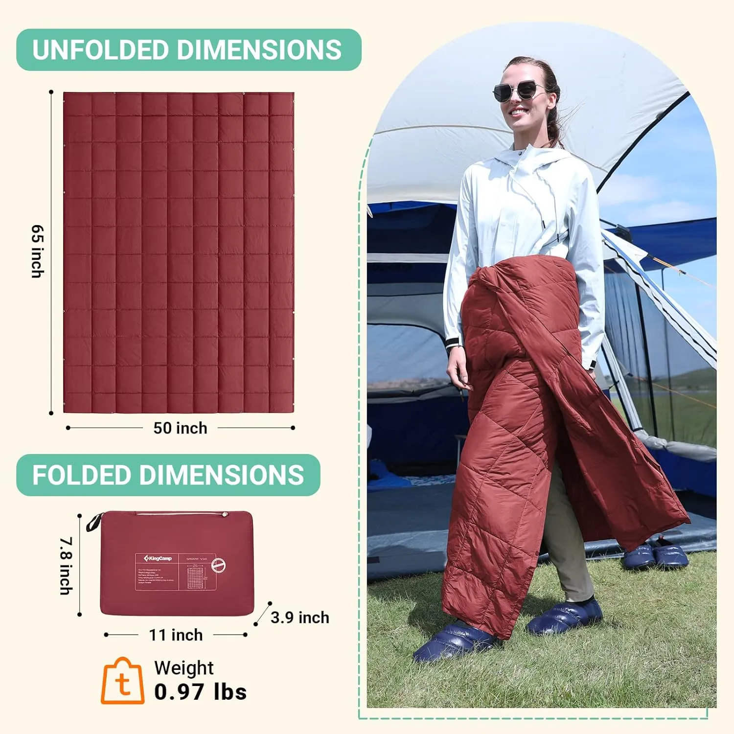 KingCamp Down Camping Blanket - Packable Lightweight Travel Blanket for Stadium, Camping, Backpacking, Compact & Water Resistant & Warm Airplane Quilt