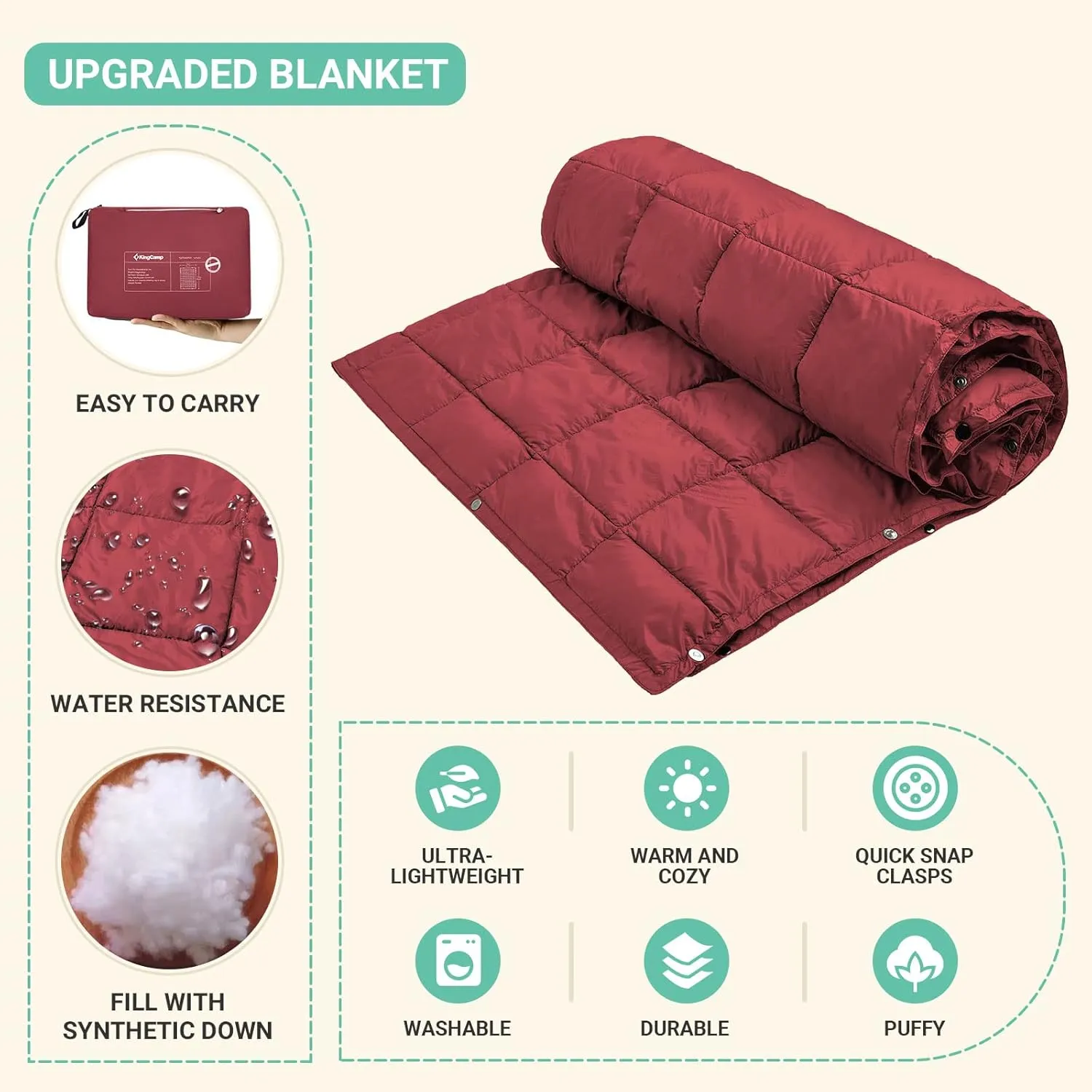 KingCamp Down Camping Blanket - Packable Lightweight Travel Blanket for Stadium, Camping, Backpacking, Compact & Water Resistant & Warm Airplane Quilt