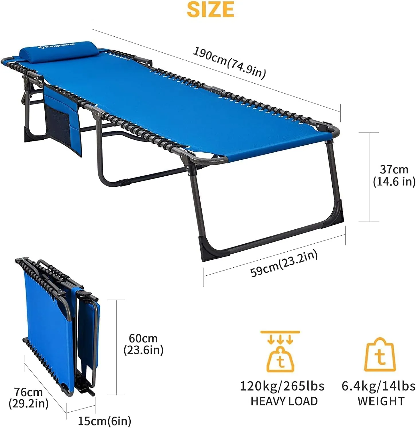 KingCamp Reclining Lounger Chair Camping Cots, 74.8" x 23.2" x 13.3", Blue