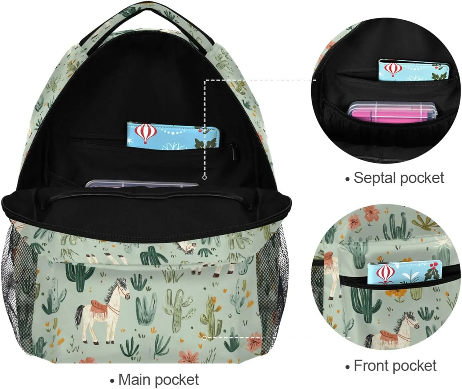 KLL Cute Backpack for Teens Boys Girls Waterproof Business Work Bag with Chest Strap for College Work Western Cowboy Horse Boho Cactus