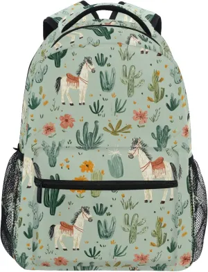 KLL Cute Backpack for Teens Boys Girls Waterproof Business Work Bag with Chest Strap for College Work Western Cowboy Horse Boho Cactus