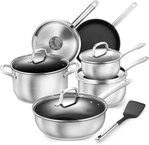 KOCH SYSTEME CS Stainless Steel Pots and Pans Set, 10 Piece Stainless Steel Cookware Set with Nonstick Coating for Professional Cooking, Kitchen Cookware Sets, Induction Compatible Pots and Pans Set