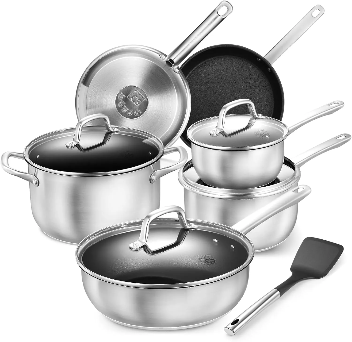 KOCH SYSTEME CS Stainless Steel Pots and Pans Set, 10 Piece Stainless Steel Cookware Set with Nonstick Coating for Professional Cooking, Kitchen Cookware Sets, Induction Compatible Pots and Pans Set