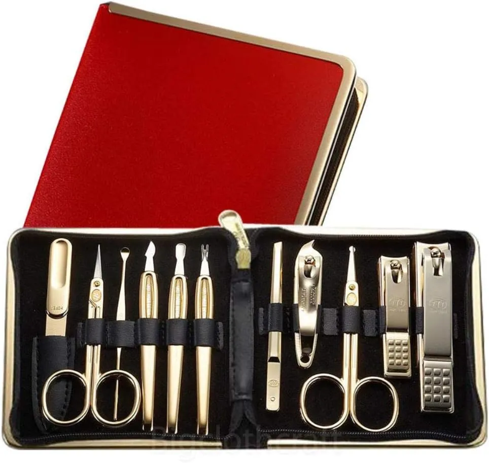 Korean Nail Clipper! World No. 1 Three Seven (777) Travel Manicure Grooming Kit Nail Clipper Set Gift Set Premium Nail Clipper Set (10 PCs), MADE IN KOREA, SINCE 1975. (Gold-Red Case)