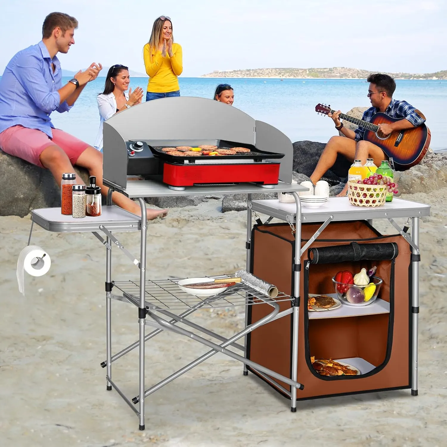 KOTEK Camping Kitchen Table, Folding Camp Table with Detachable Windscreen, Storage Organizer & Carrying Bag, Portable Outdoor Cooking Station for BBQ, Party, Picnic, RV Traveling (Brown)