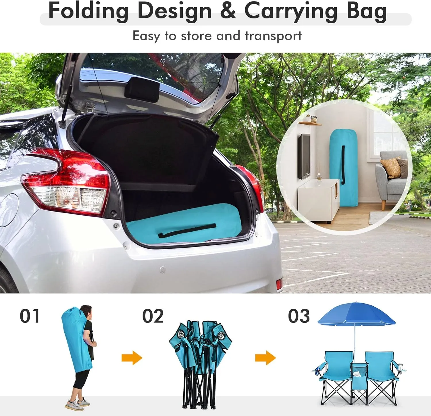KOTEK Double Camping Chair, Folding Camp Chair with Removable Umbrella, Cup Holders, Cooler Bag, Side Pocket & Carry Bag, 2-Person Beach Chair for Outdoor, Sports, Concerts, Travel, Picnic (Turquoise)