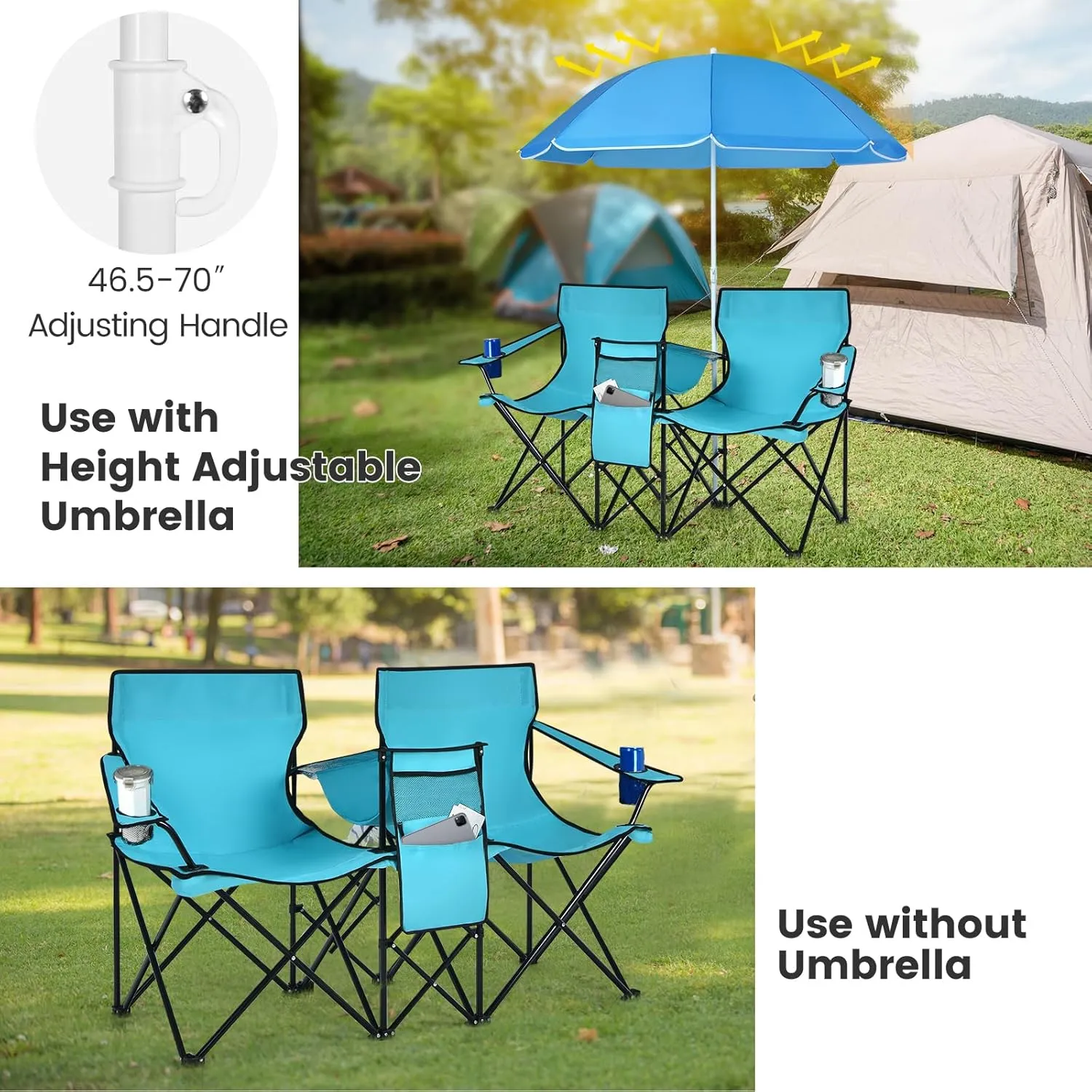 KOTEK Double Camping Chair, Folding Camp Chair with Removable Umbrella, Cup Holders, Cooler Bag, Side Pocket & Carry Bag, 2-Person Beach Chair for Outdoor, Sports, Concerts, Travel, Picnic (Turquoise)