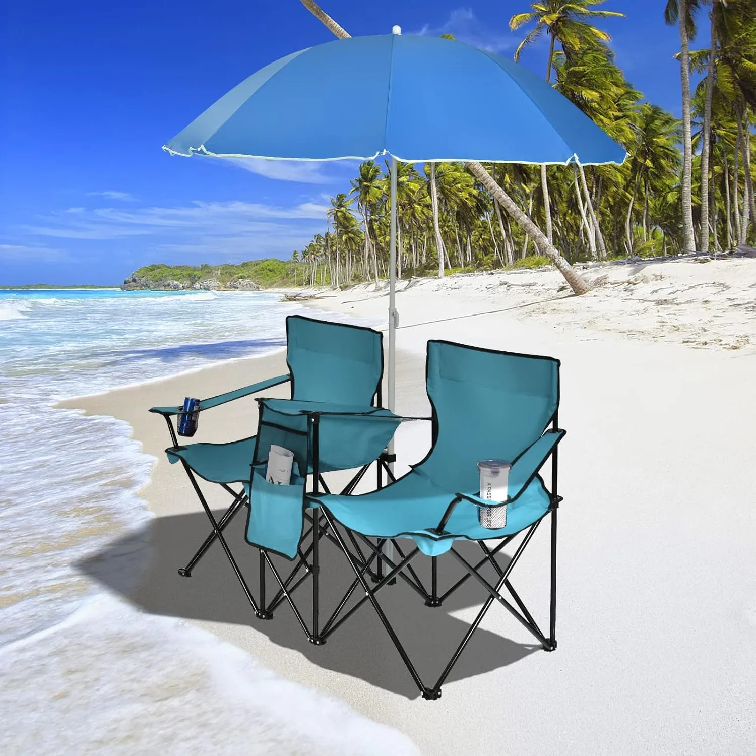 KOTEK Double Camping Chair, Folding Camp Chair with Removable Umbrella, Cup Holders, Cooler Bag, Side Pocket & Carry Bag, 2-Person Beach Chair for Outdoor, Sports, Concerts, Travel, Picnic (Turquoise)