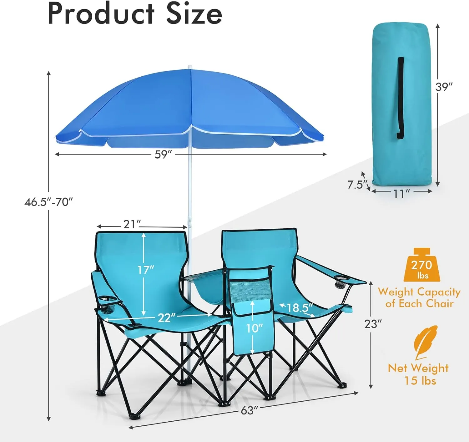 KOTEK Double Camping Chair, Folding Camp Chair with Removable Umbrella, Cup Holders, Cooler Bag, Side Pocket & Carry Bag, 2-Person Beach Chair for Outdoor, Sports, Concerts, Travel, Picnic (Turquoise)