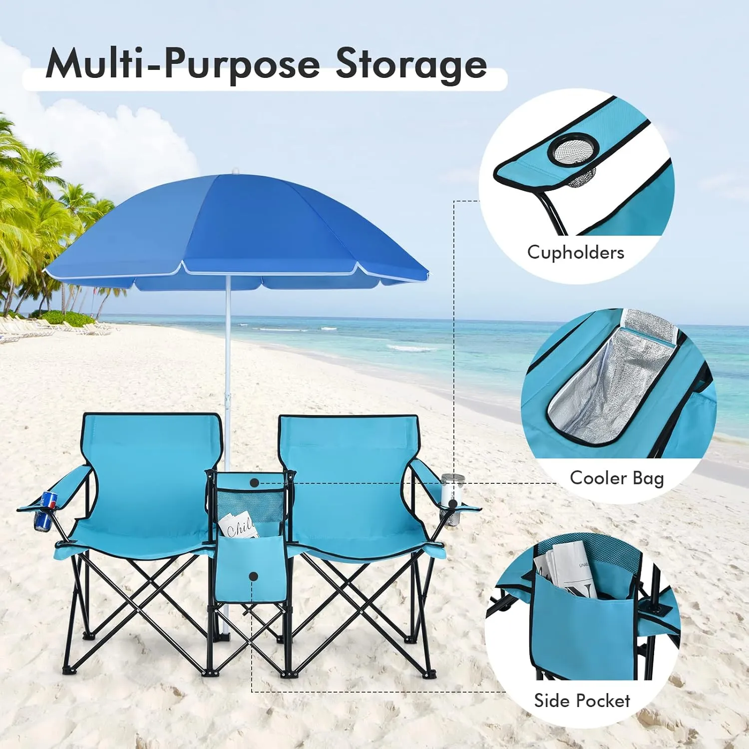 KOTEK Double Camping Chair, Folding Camp Chair with Removable Umbrella, Cup Holders, Cooler Bag, Side Pocket & Carry Bag, 2-Person Beach Chair for Outdoor, Sports, Concerts, Travel, Picnic (Turquoise)