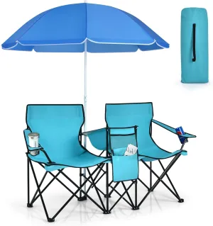 KOTEK Double Camping Chair, Folding Camp Chair with Removable Umbrella, Cup Holders, Cooler Bag, Side Pocket & Carry Bag, 2-Person Beach Chair for Outdoor, Sports, Concerts, Travel, Picnic (Turquoise)