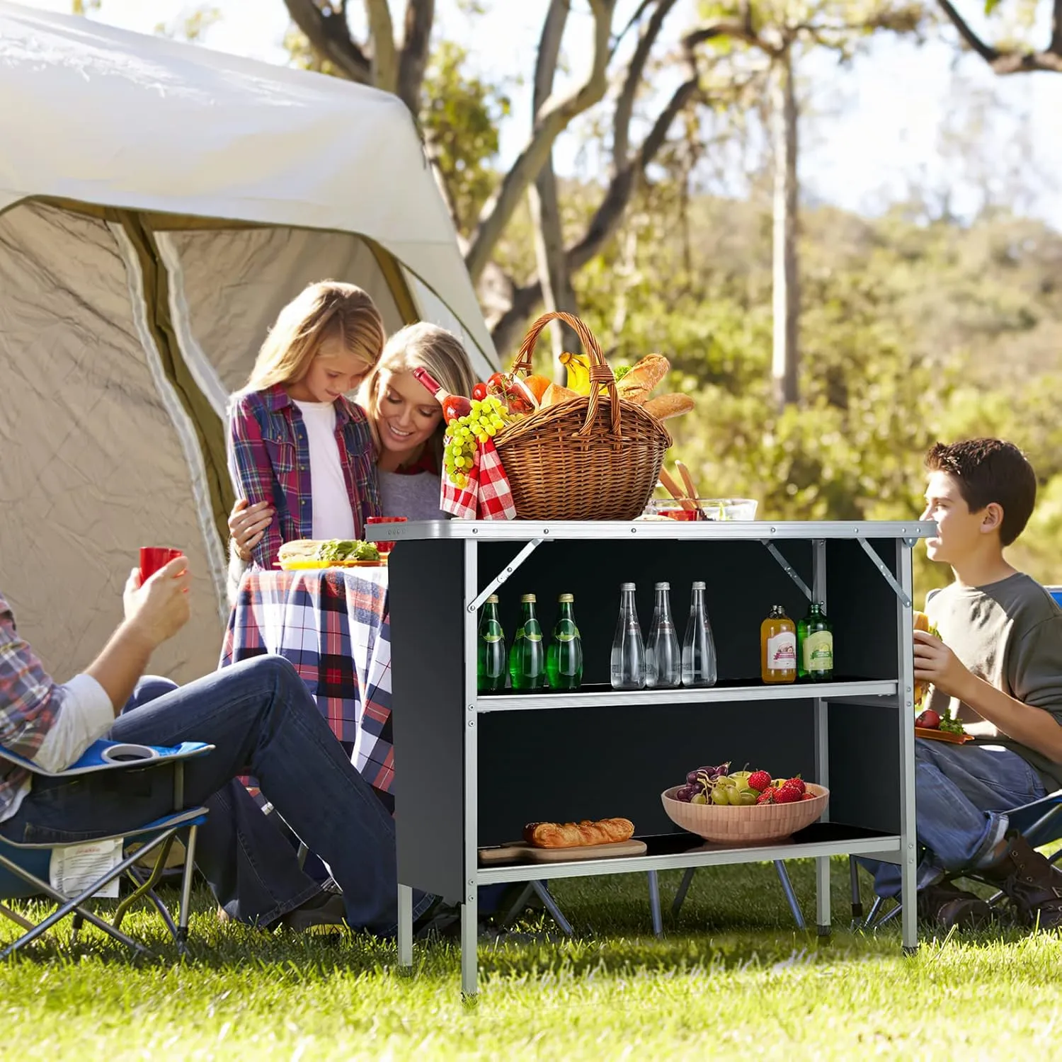 KOTEK Folding Camping Table with 2-Tier Storage Shelves, Removable Privacy Skirt & Carry Bag, Easy Setup, Portable Bar Table for Events, Party, Picnic, BBQ, Trade-Show and Indoor Use(43.5”L x 15”W)
