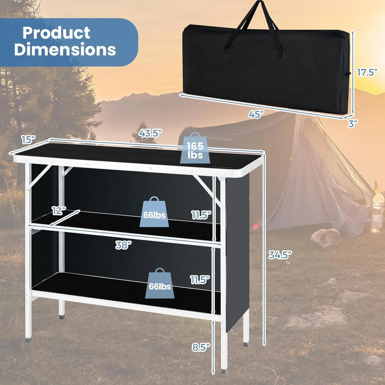 KOTEK Folding Camping Table with 2-Tier Storage Shelves, Removable Privacy Skirt & Carry Bag, Easy Setup, Portable Bar Table for Events, Party, Picnic, BBQ, Trade-Show and Indoor Use(43.5”L x 15”W)