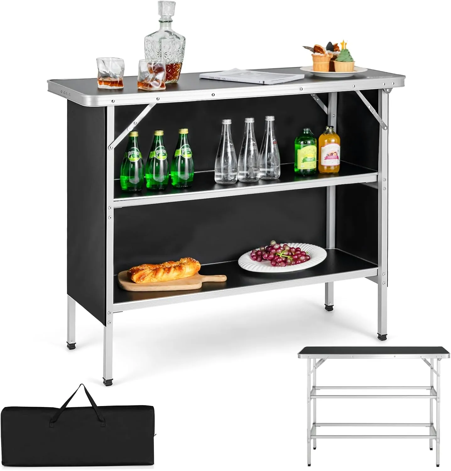 KOTEK Folding Camping Table with 2-Tier Storage Shelves, Removable Privacy Skirt & Carry Bag, Easy Setup, Portable Bar Table for Events, Party, Picnic, BBQ, Trade-Show and Indoor Use(43.5”L x 15”W)