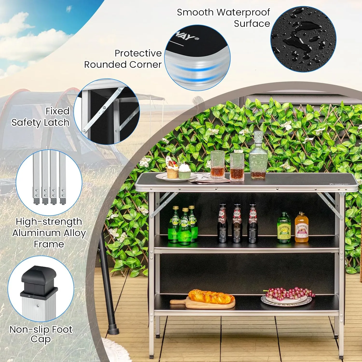 KOTEK Folding Camping Table with 2-Tier Storage Shelves, Removable Privacy Skirt & Carry Bag, Easy Setup, Portable Bar Table for Events, Party, Picnic, BBQ, Trade-Show and Indoor Use(43.5”L x 15”W)