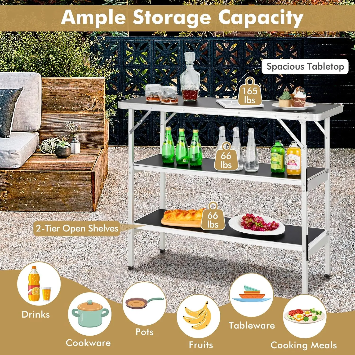 KOTEK Folding Camping Table with 2-Tier Storage Shelves, Removable Privacy Skirt & Carry Bag, Easy Setup, Portable Bar Table for Events, Party, Picnic, BBQ, Trade-Show and Indoor Use(43.5”L x 15”W)