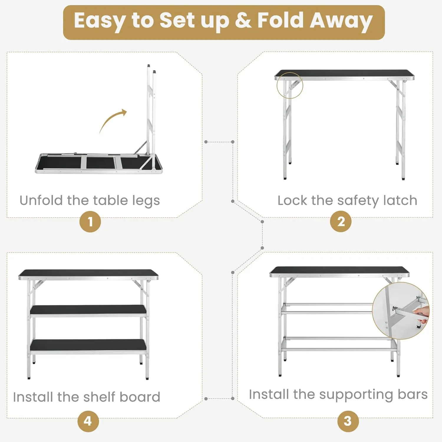 KOTEK Folding Camping Table with 2-Tier Storage Shelves, Removable Privacy Skirt & Carry Bag, Easy Setup, Portable Bar Table for Events, Party, Picnic, BBQ, Trade-Show and Indoor Use(43.5”L x 15”W)