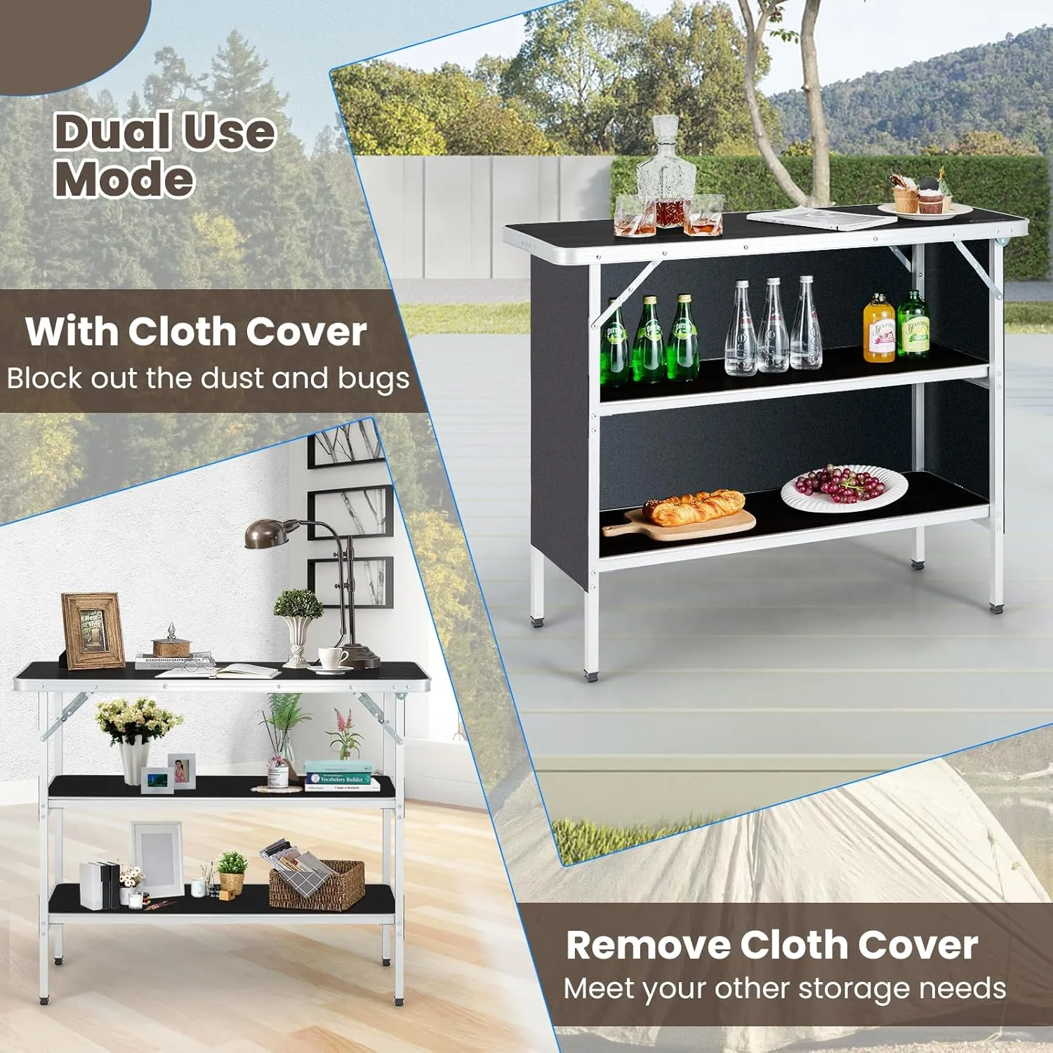 KOTEK Folding Camping Table with 2-Tier Storage Shelves, Removable Privacy Skirt & Carry Bag, Easy Setup, Portable Bar Table for Events, Party, Picnic, BBQ, Trade-Show and Indoor Use(43.5”L x 15”W)