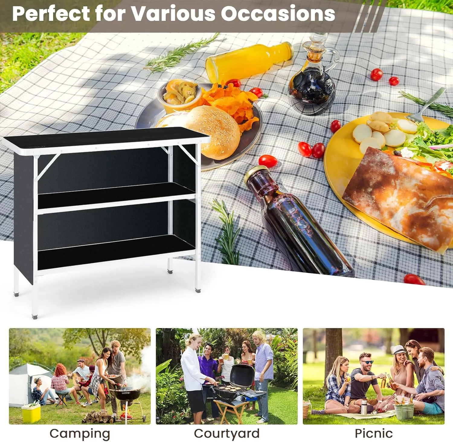 KOTEK Folding Camping Table with 2-Tier Storage Shelves, Removable Privacy Skirt & Carry Bag, Easy Setup, Portable Bar Table for Events, Party, Picnic, BBQ, Trade-Show and Indoor Use(43.5”L x 15”W)