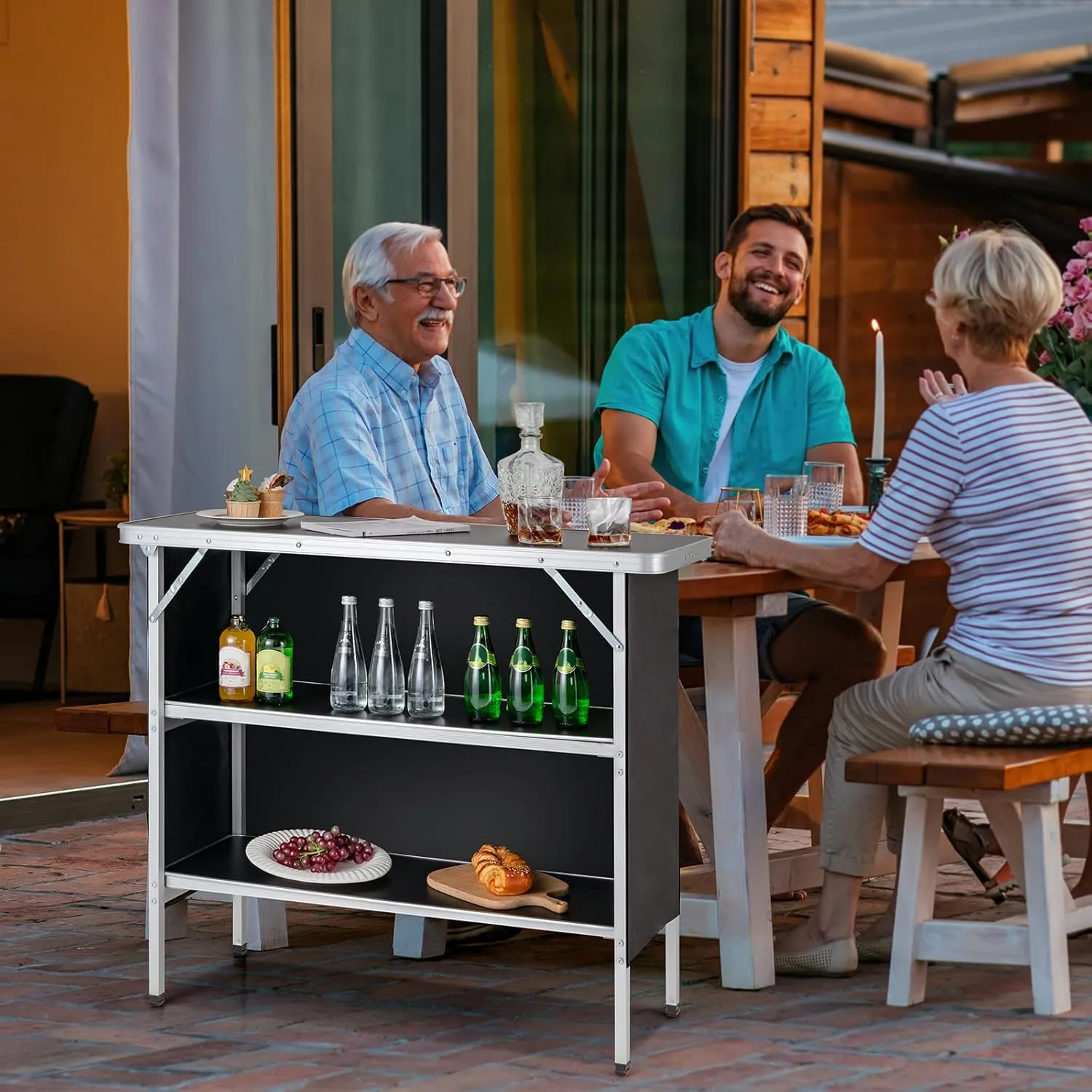 KOTEK Folding Camping Table with 2-Tier Storage Shelves, Removable Privacy Skirt & Carry Bag, Easy Setup, Portable Bar Table for Events, Party, Picnic, BBQ, Trade-Show and Indoor Use(43.5”L x 15”W)