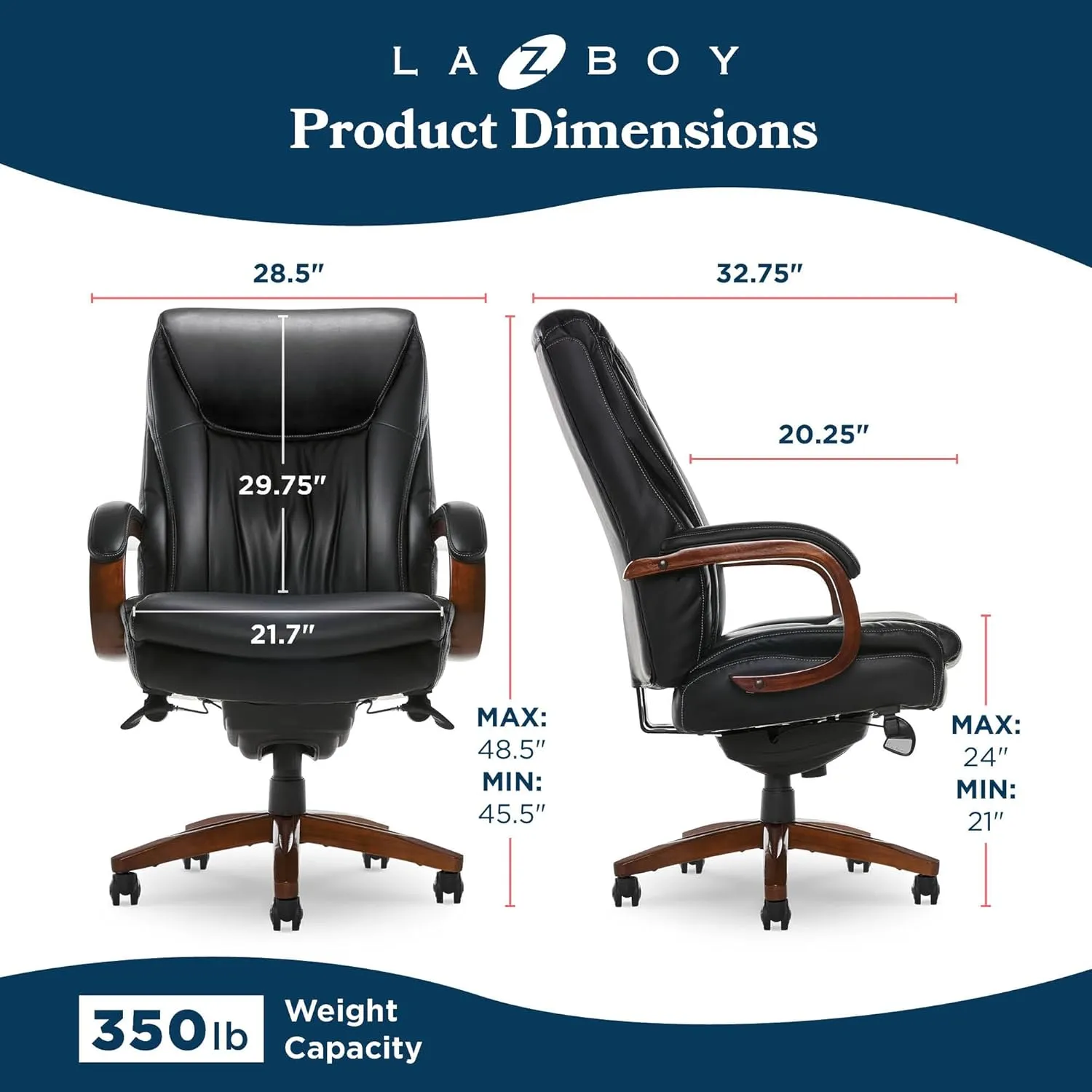 La-Z-Boy® Edmonton Big & Tall Executive Office Chair, ComfortCore® with Memory Foam Cushions, Real Wood Arms and Base, Waterfall Seat Edge, Bonded Leather, Black