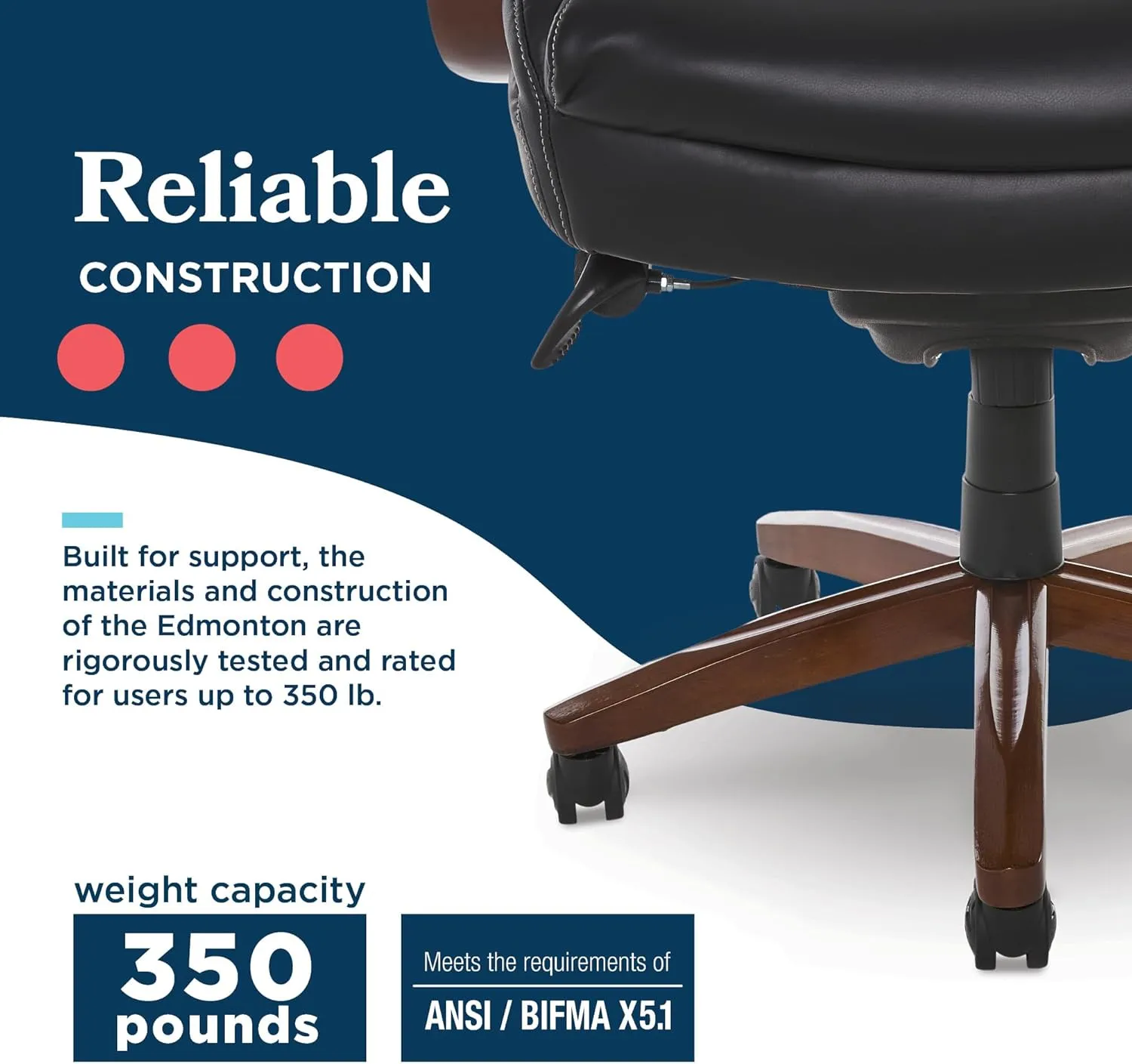 La-Z-Boy® Edmonton Big & Tall Executive Office Chair, ComfortCore® with Memory Foam Cushions, Real Wood Arms and Base, Waterfall Seat Edge, Bonded Leather, Black