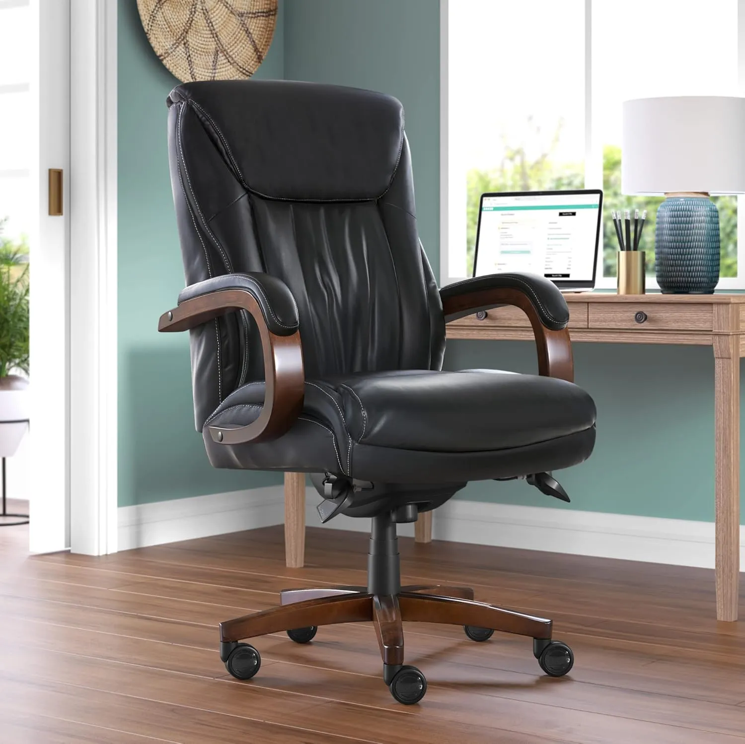 La-Z-Boy® Edmonton Big & Tall Executive Office Chair, ComfortCore® with Memory Foam Cushions, Real Wood Arms and Base, Waterfall Seat Edge, Bonded Leather, Black