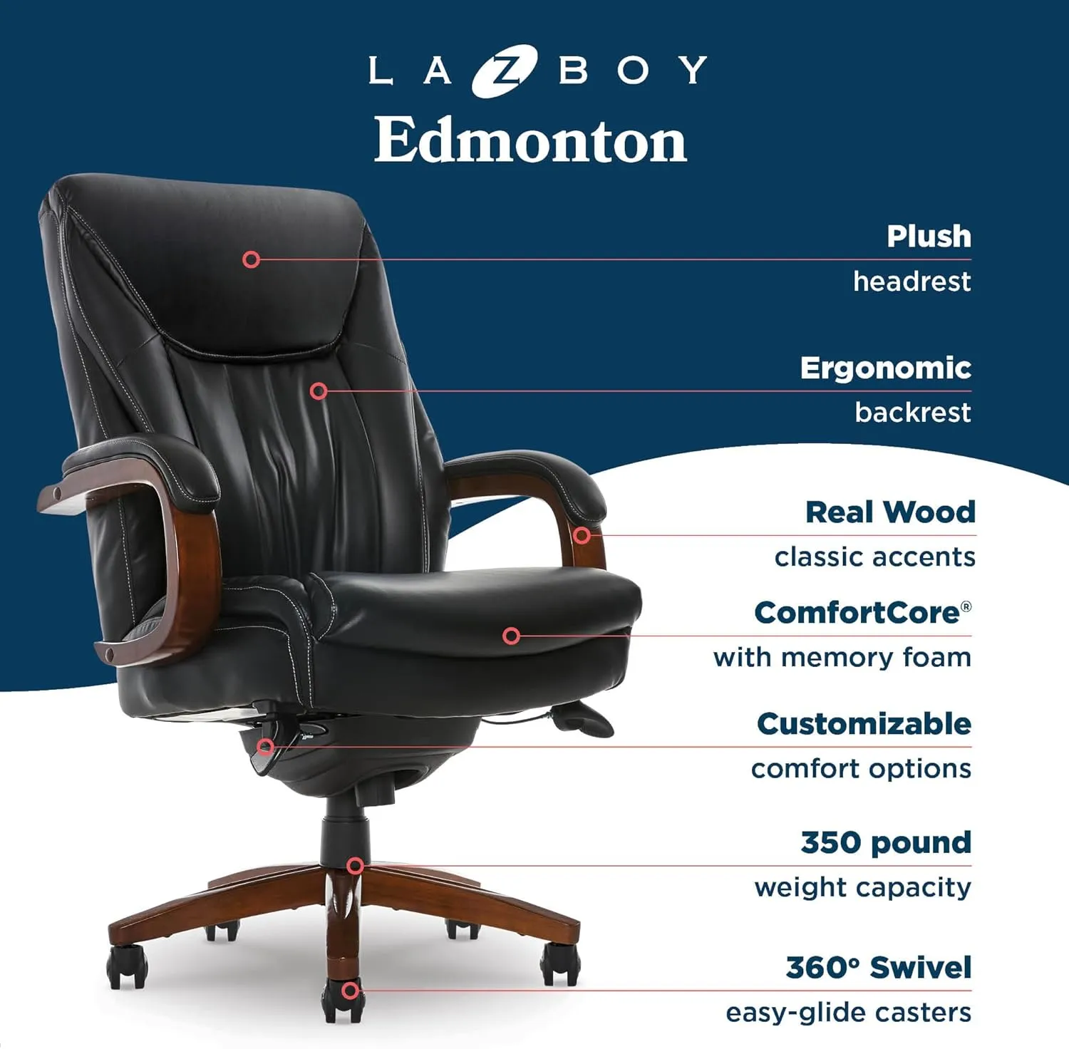 La-Z-Boy® Edmonton Big & Tall Executive Office Chair, ComfortCore® with Memory Foam Cushions, Real Wood Arms and Base, Waterfall Seat Edge, Bonded Leather, Black