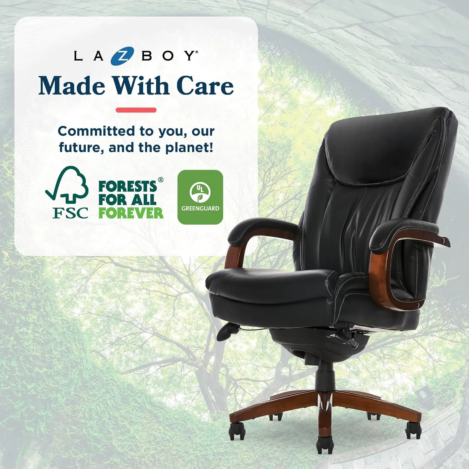 La-Z-Boy® Edmonton Big & Tall Executive Office Chair, ComfortCore® with Memory Foam Cushions, Real Wood Arms and Base, Waterfall Seat Edge, Bonded Leather, Black
