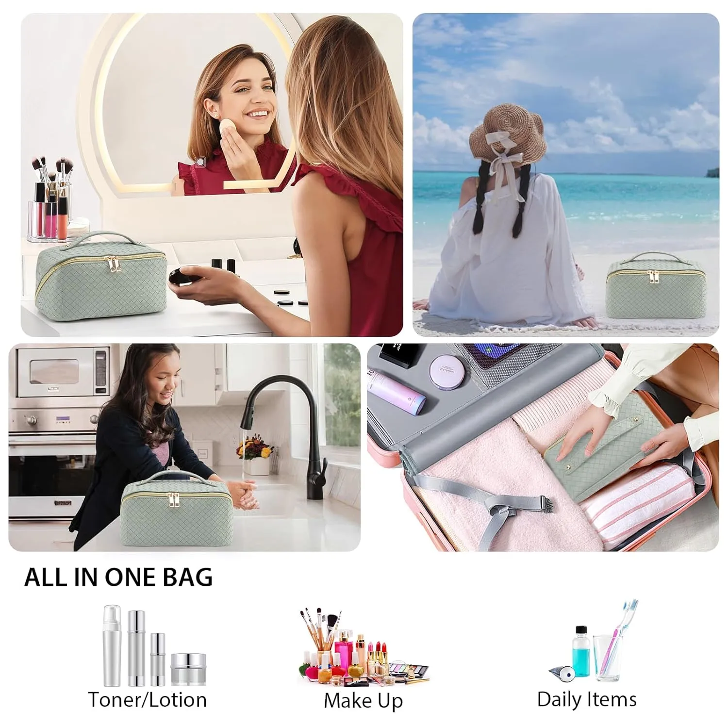 Large Capacity Travel Makeup Bag for Women, Waterproof Portable Cosmetic Bag with Compartments, Foldable Flat Lay Design for Easy Access, Perfect for Toiletries & Beauty Essentials (Green)