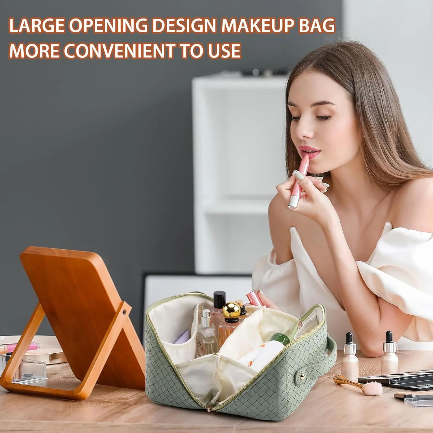 Large Capacity Travel Makeup Bag for Women, Waterproof Portable Cosmetic Bag with Compartments, Foldable Flat Lay Design for Easy Access, Perfect for Toiletries & Beauty Essentials (Green)