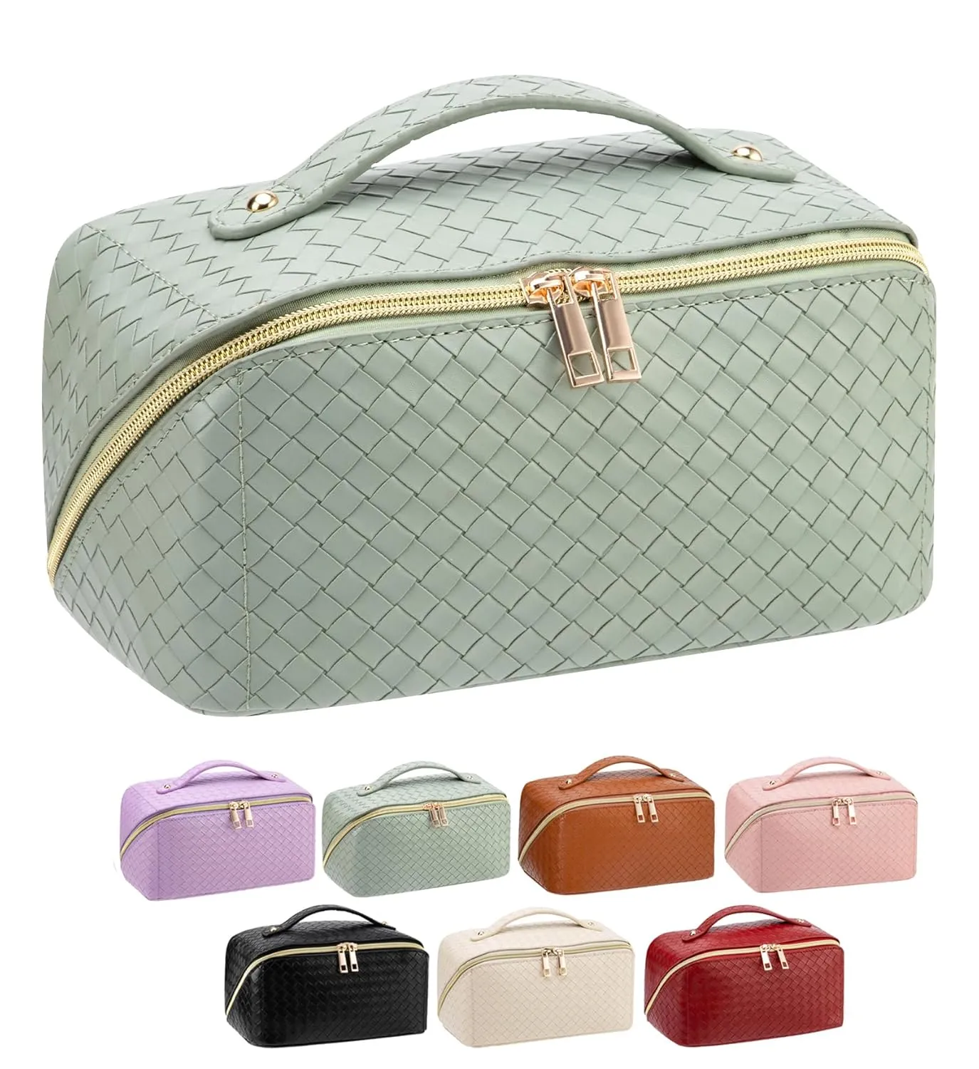 Large Capacity Travel Makeup Bag for Women, Waterproof Portable Cosmetic Bag with Compartments, Foldable Flat Lay Design for Easy Access, Perfect for Toiletries & Beauty Essentials (Green)