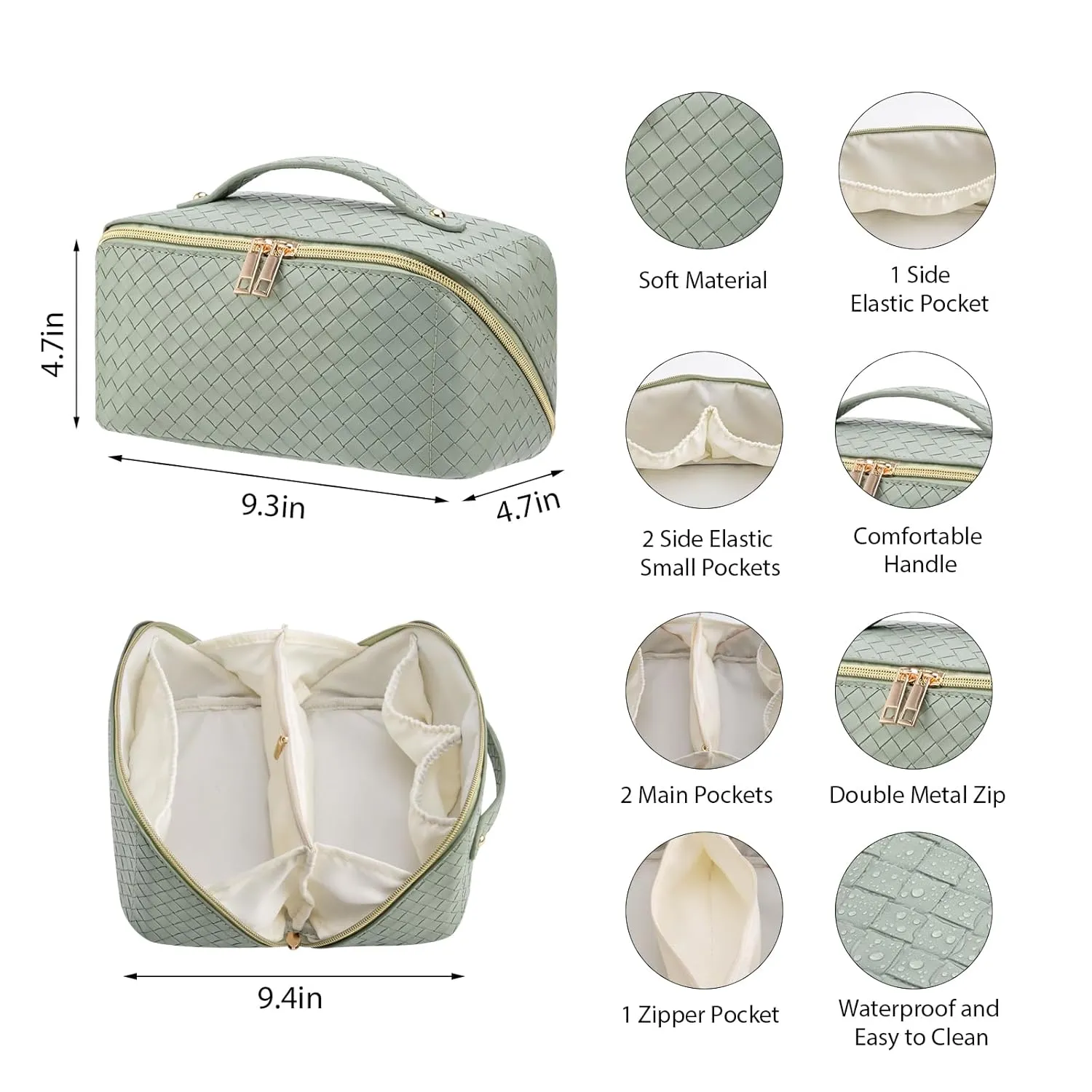 Large Capacity Travel Makeup Bag for Women, Waterproof Portable Cosmetic Bag with Compartments, Foldable Flat Lay Design for Easy Access, Perfect for Toiletries & Beauty Essentials (Green)