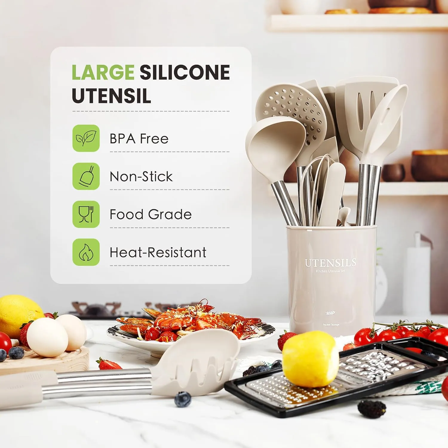 Large Cooking Utensils Set, 35 Pcs Spatula Set with Holder, Silicone Kitchen Utensils Set with Stainless Steel Handle, Cheese Grater, Ice Cream Scoop, Pizza Cutter Kitchen Gadgets (Khaki)