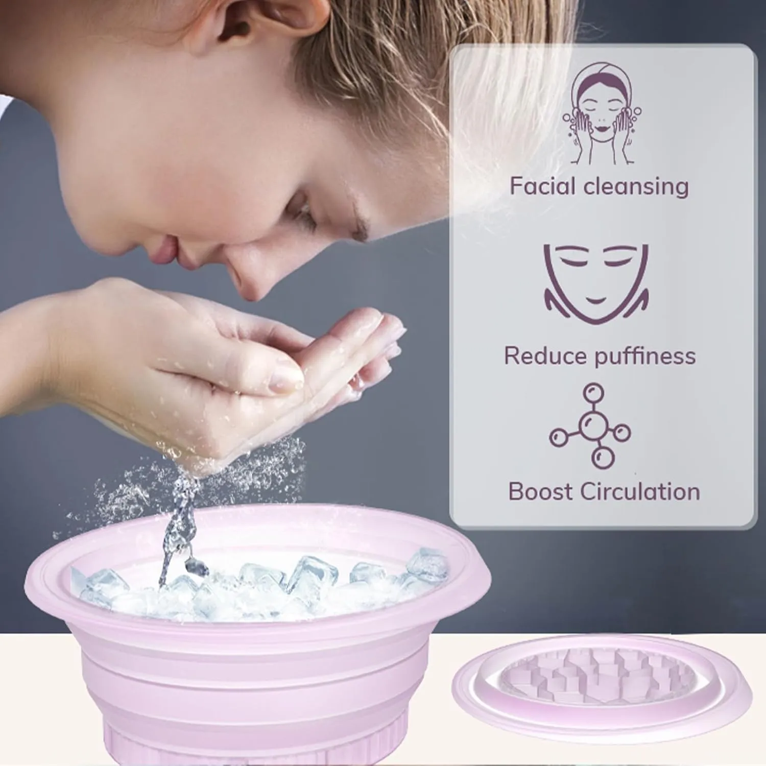 Large Silicone Bowl for Face Ice Bath with Built-In Icetray, Foldable and Hanging Design for Easy Storage and Carrying, Dipping Face Ice Bath at Home and Travel (Purple)