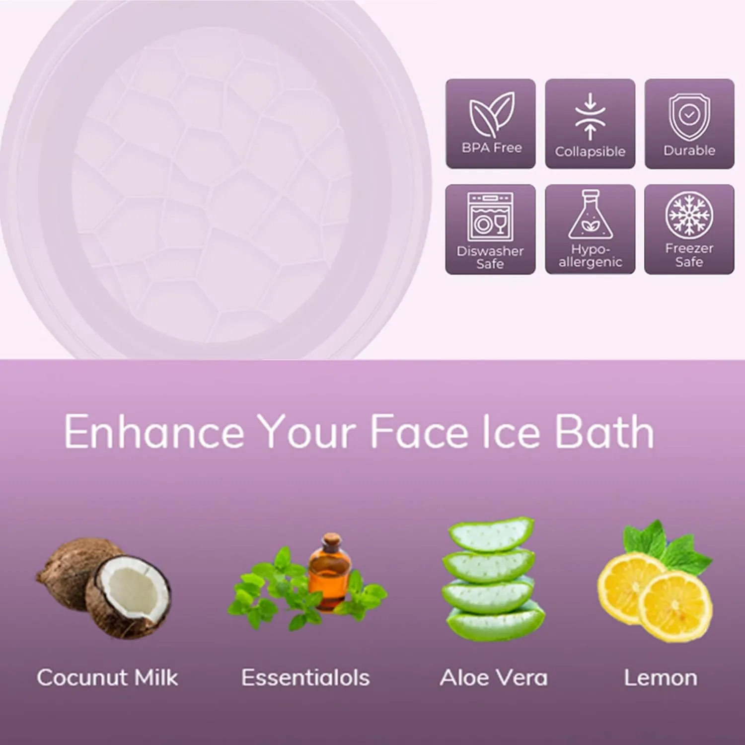 Large Silicone Bowl for Face Ice Bath with Built-In Icetray, Foldable and Hanging Design for Easy Storage and Carrying, Dipping Face Ice Bath at Home and Travel (Purple)