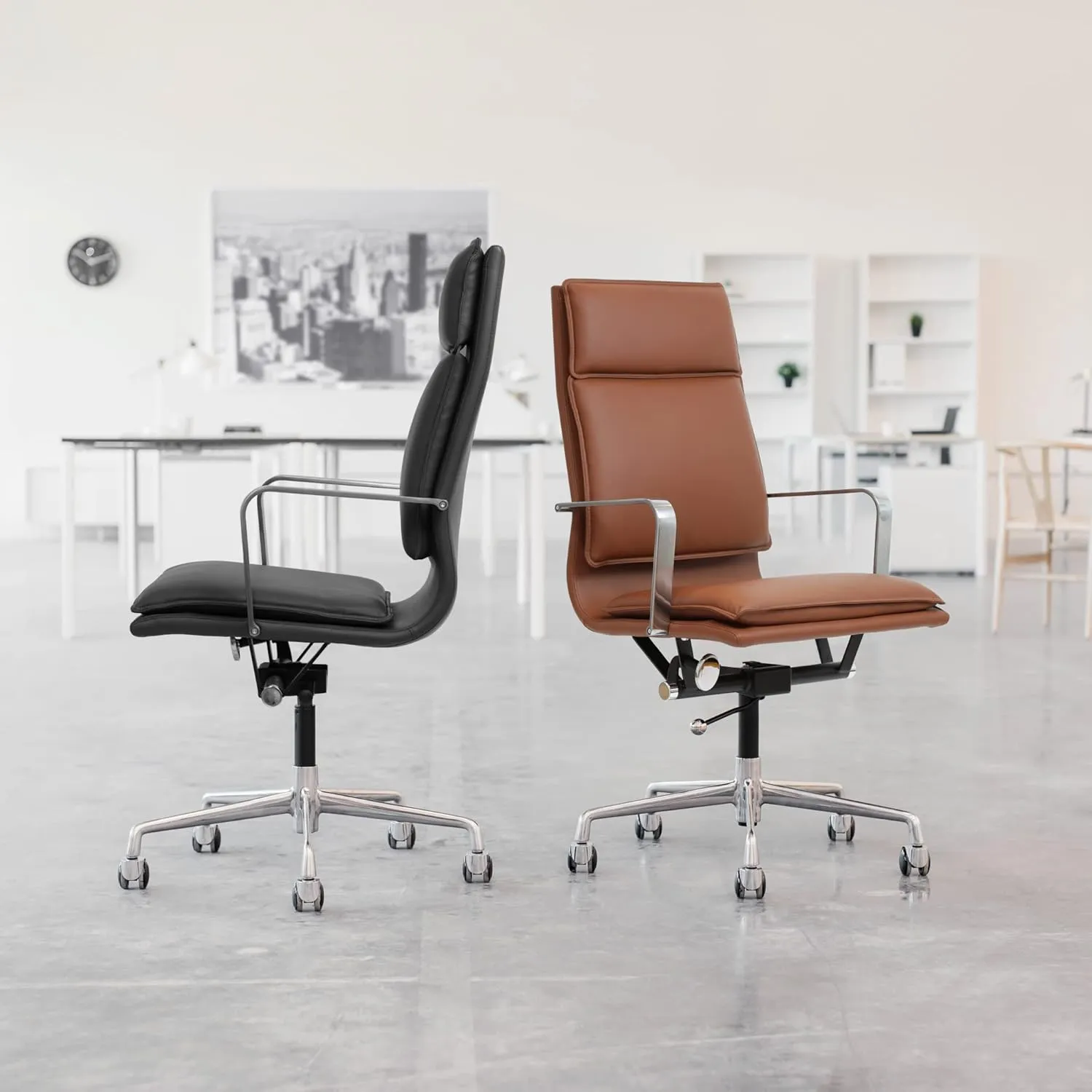 Laura Davidson Furniture Lexi II Padded Office Chair - Tall Back Desk Chair with Arm Rest, Swivel & Cushion Availability, Made of Faux Leather, White, Computer Chair