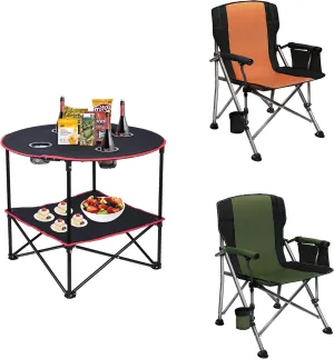 LEADALLWAY Camping Table Folding Picnic Table with 4 Cup Holders and Carrying Bags and Camping Chairs for Heavy People