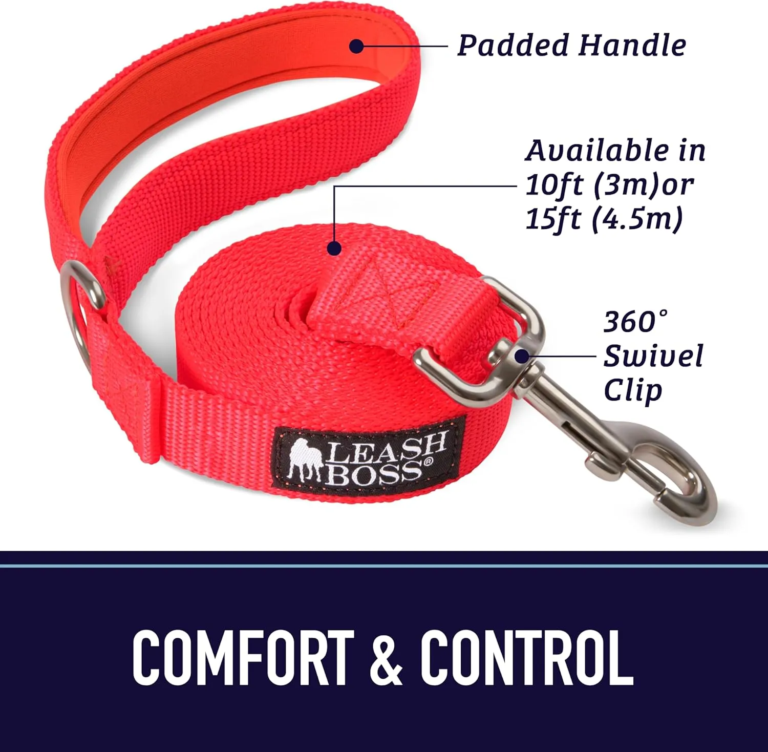 Leash Boss 10 Foot Dog Leash with Padded Handle - Long Leash for Hiking, Camping, Exploring, or Walking (10 Feet, Black/Red/Grey)