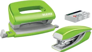 Leitz 55612054 Mini Stapler and Hole Punch Set, Staple or Punch Up to 10 Sheets, Includes P2 No. 10 Staples, Wow Range, Green