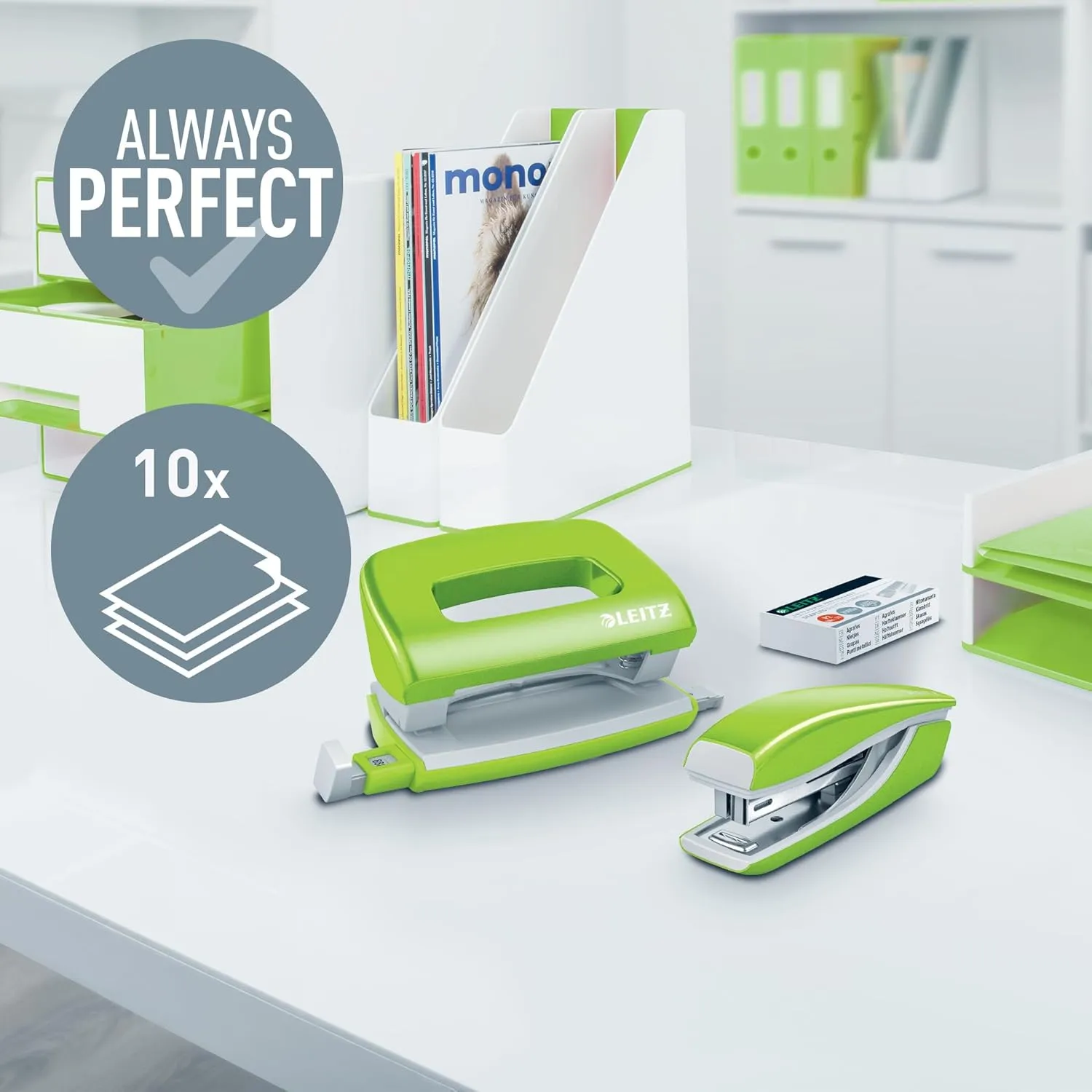 Leitz 55612054 Mini Stapler and Hole Punch Set, Staple or Punch Up to 10 Sheets, Includes P2 No. 10 Staples, Wow Range, Green