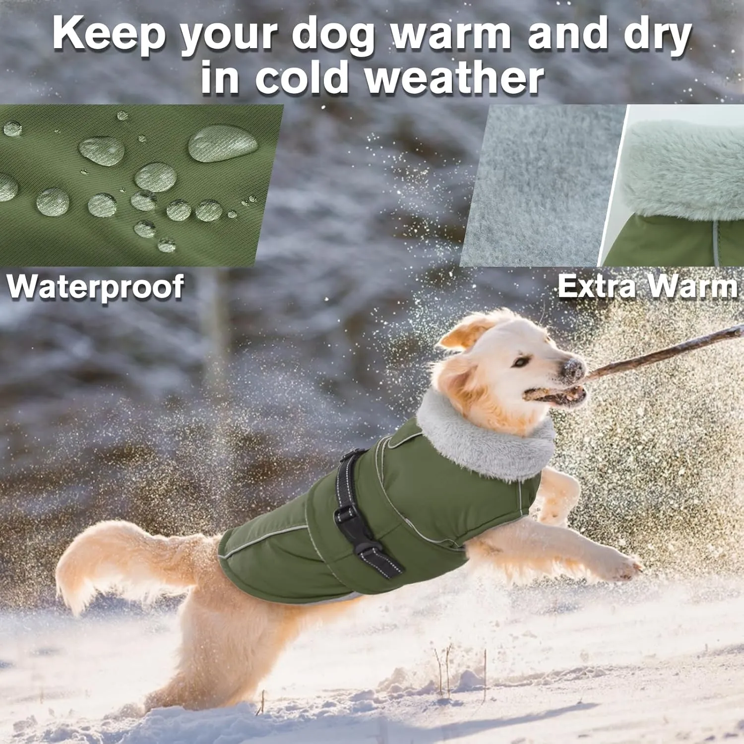 Lelepet Warm Dog Coat Reflective Fleece Vest Waterproof Dog Jacket with Adjustable Buckle Hook & Loop Windproof Cold Weather Coats for Small Medium Large Dogs, Army Green, M