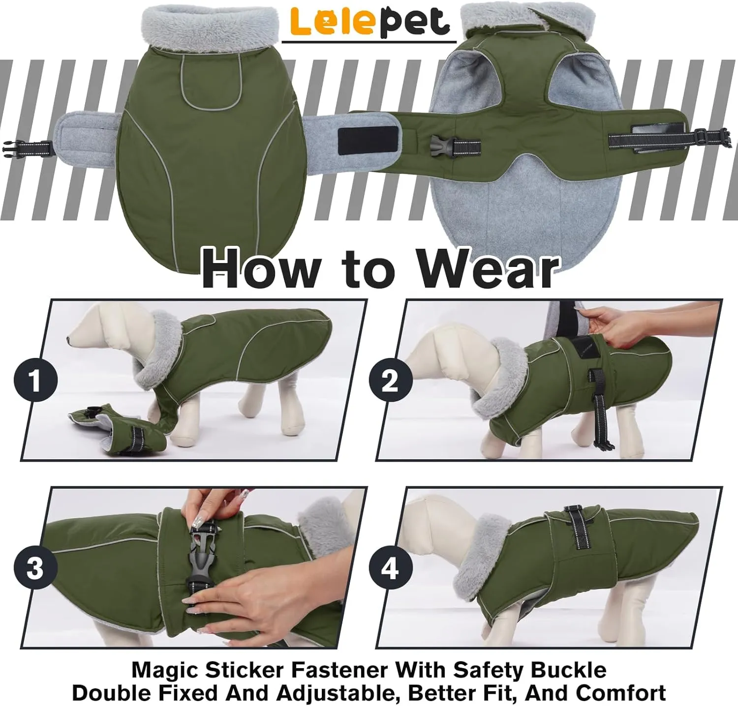 Lelepet Warm Dog Coat Reflective Fleece Vest Waterproof Dog Jacket with Adjustable Buckle Hook & Loop Windproof Cold Weather Coats for Small Medium Large Dogs, Army Green, M