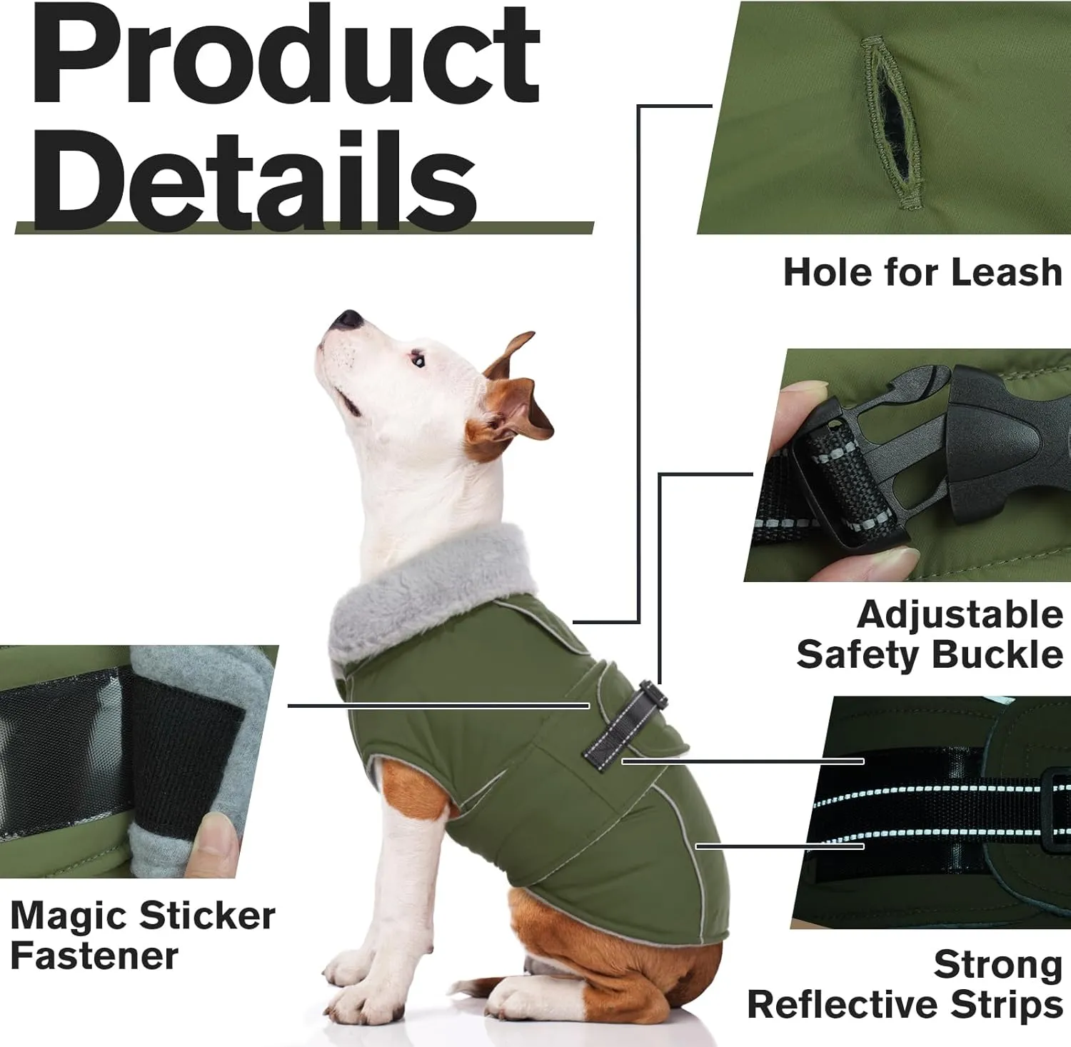 Lelepet Warm Dog Coat Reflective Fleece Vest Waterproof Dog Jacket with Adjustable Buckle Hook & Loop Windproof Cold Weather Coats for Small Medium Large Dogs, Army Green, M