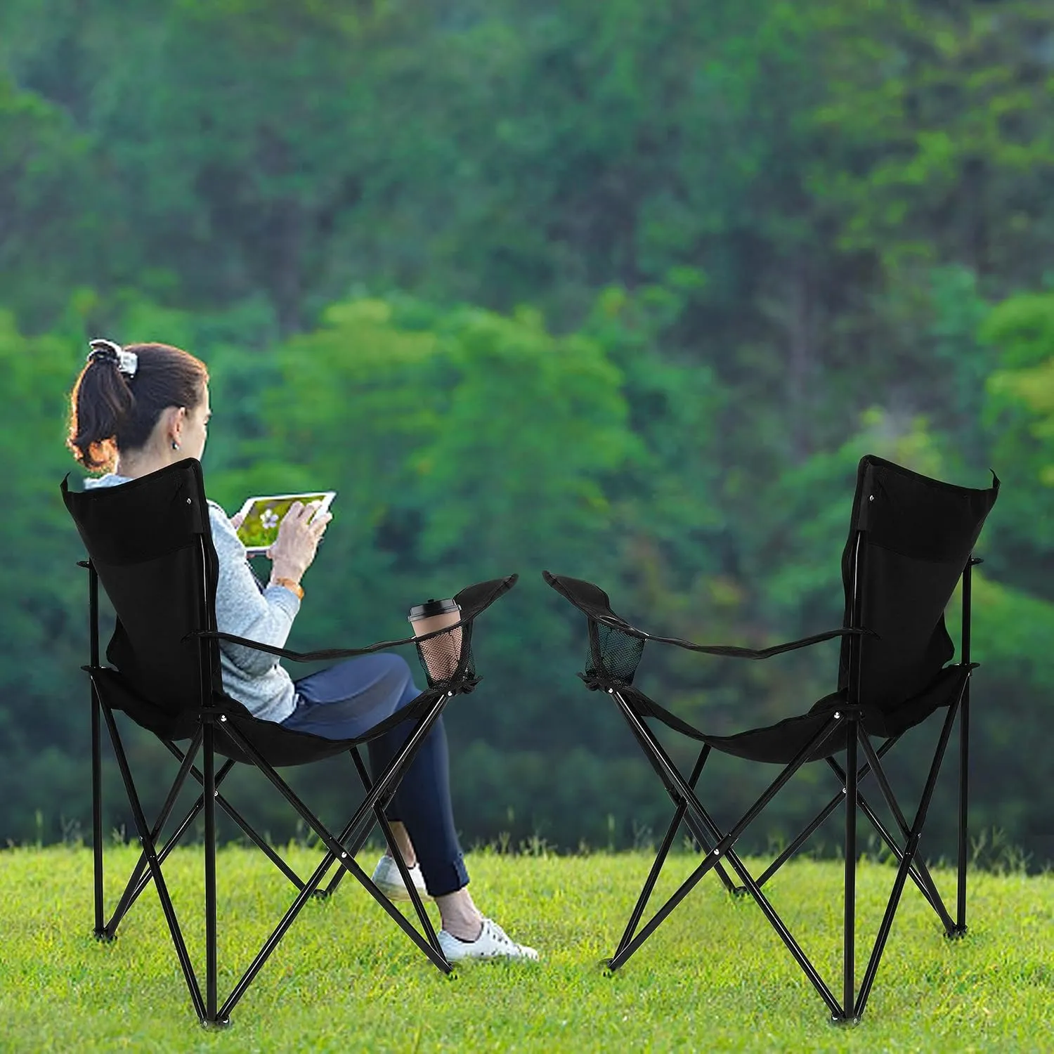 Leonyo 2Pcs Folding Camping Chairs, Outdoor PortableLawn Chairs for Adults with Cup Holders, Carrying Bag for Outside Beach, Sports, Hiking, Black