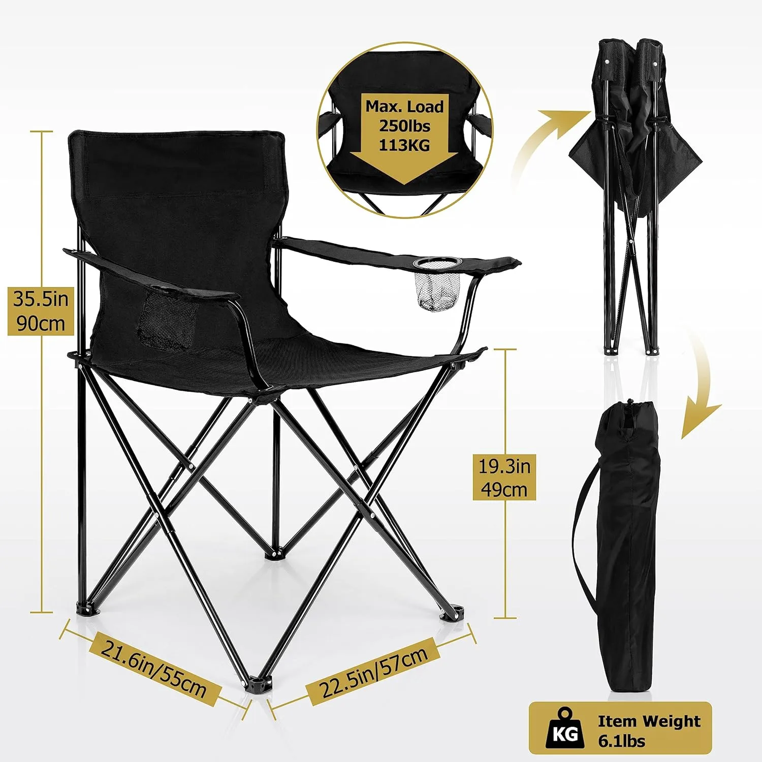 Leonyo 2Pcs Folding Camping Chairs, Outdoor PortableLawn Chairs for Adults with Cup Holders, Carrying Bag for Outside Beach, Sports, Hiking, Black