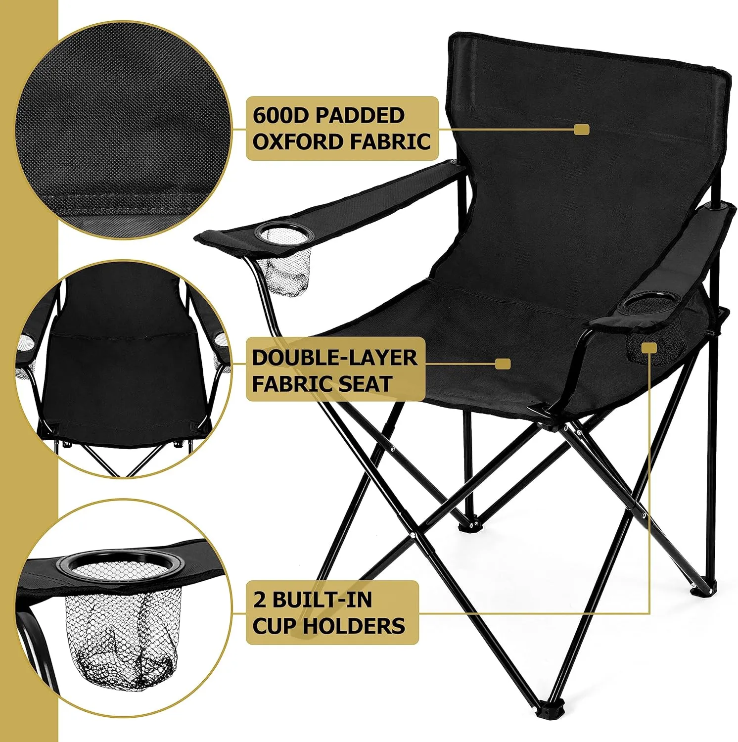 Leonyo 2Pcs Folding Camping Chairs, Outdoor PortableLawn Chairs for Adults with Cup Holders, Carrying Bag for Outside Beach, Sports, Hiking, Black