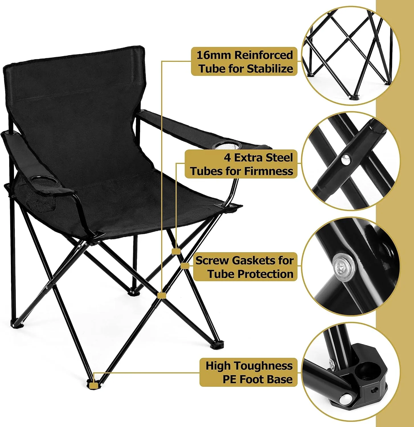 Leonyo 2Pcs Folding Camping Chairs, Outdoor PortableLawn Chairs for Adults with Cup Holders, Carrying Bag for Outside Beach, Sports, Hiking, Black
